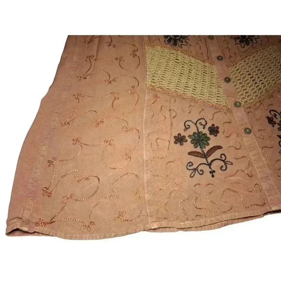 Vintage Boho Terracotta Maxi Dress with Crochet Accents and Floral Embroidered L - Picture 12 of 13